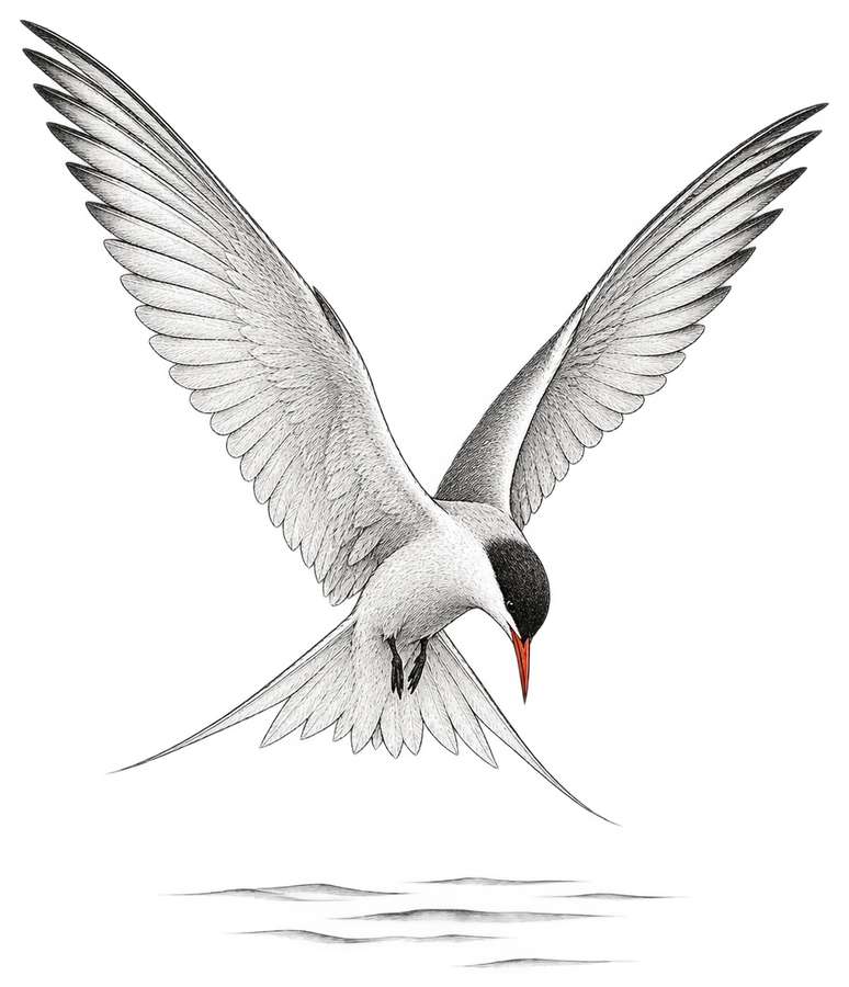 An engraving of a tern hovering above the sea, wings raised, looking down.