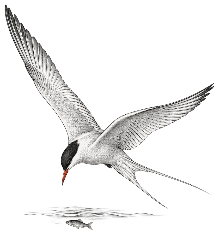 An engraving of a tern banking over the water, eyeing a fish below the surface.
